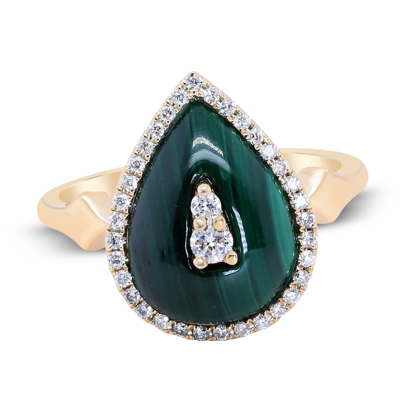 Main Image 1 of Natural Malachite Ring 1/4 ct tw Diamonds 14K Yellow Gold