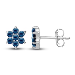 Natural Blue Sapphire Floral Stud Earrings 14K White Gold