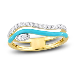 Diamond & Blue Enamel Double Row Ring 1/4 ct tw Marquise/Round 14K Yellow Gold