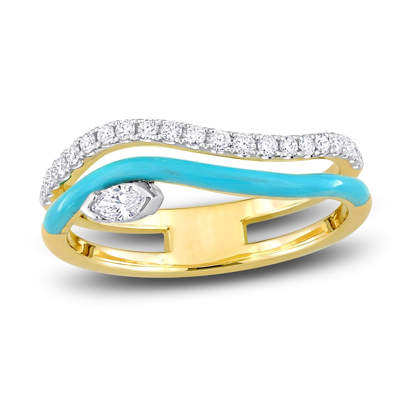 Main Image 1 of Diamond & Blue Enamel Double Row Ring 1/4 ct tw Marquise/Round 14K Yellow Gold