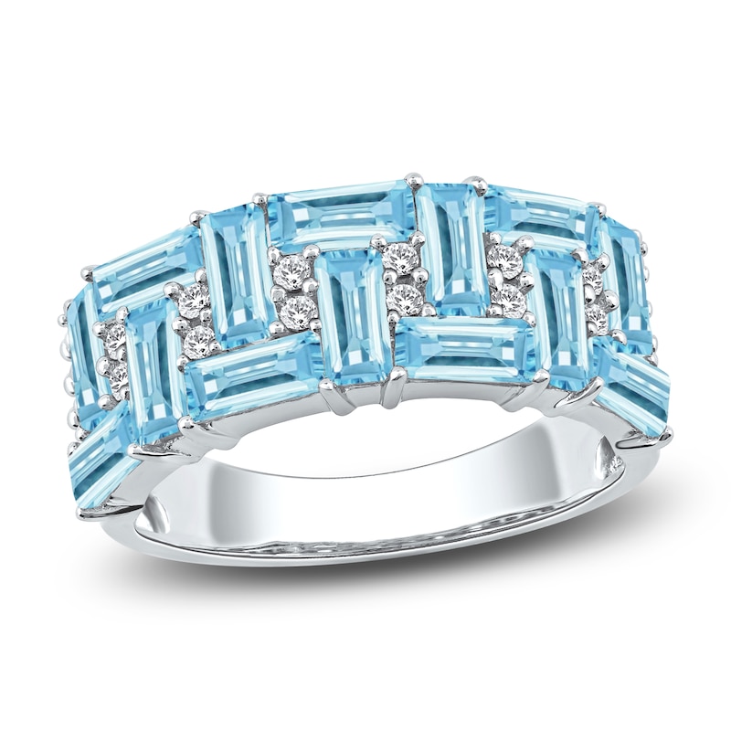 Main Image 1 of Baguette-Cut Natural Swiss Blue Topaz & Diamond Pattern Ring 1/6 ct tw 10K White Gold