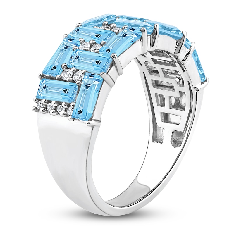 Main Image 2 of Baguette-Cut Natural Swiss Blue Topaz & Diamond Pattern Ring 1/6 ct tw 10K White Gold