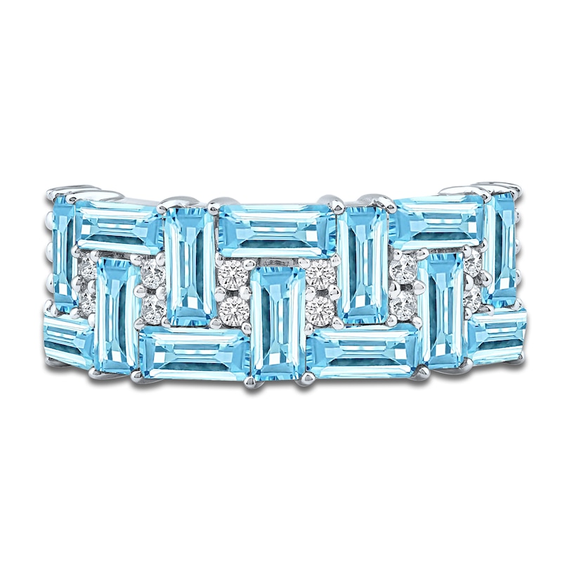 Main Image 3 of Baguette-Cut Natural Swiss Blue Topaz & Diamond Pattern Ring 1/6 ct tw 10K White Gold