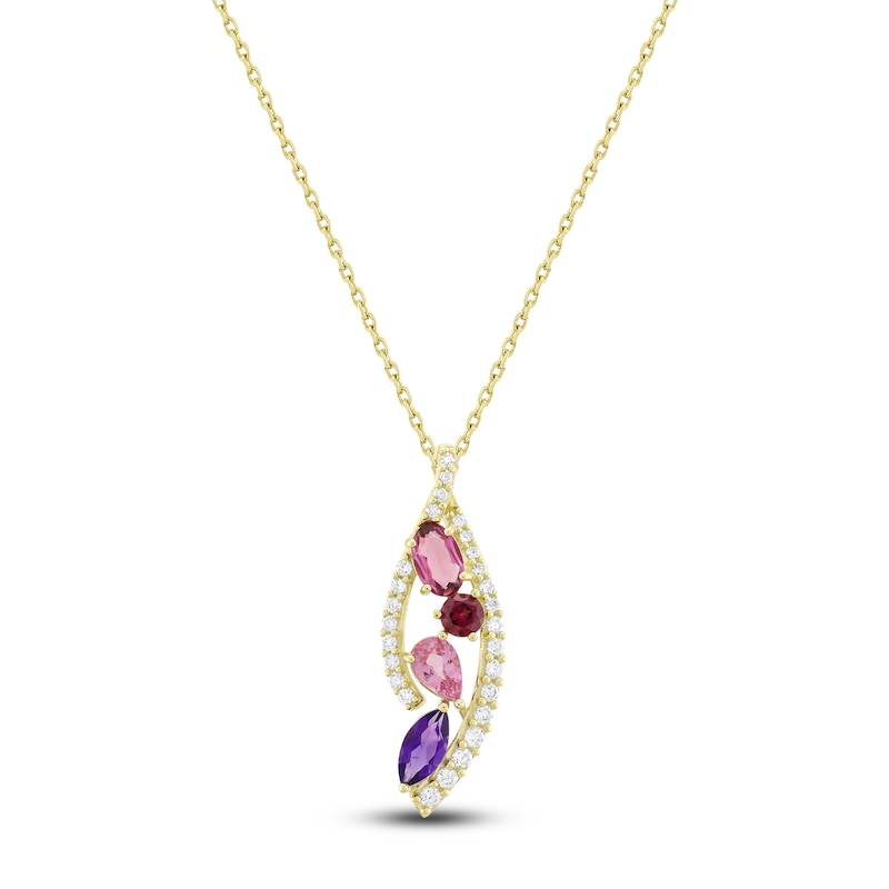 Main Image 1 of Natural Pink Tourmaline, Rhodolite Garnet, Amethyst, Pink Sapphire & Diamond Necklace 1/3 ct tw 14K Yellow Gold 18&quot;