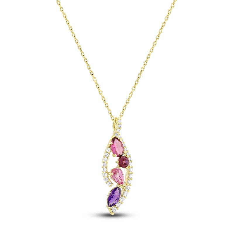 Main Image 2 of Natural Pink Tourmaline, Rhodolite Garnet, Amethyst, Pink Sapphire & Diamond Necklace 1/3 ct tw 14K Yellow Gold 18&quot;