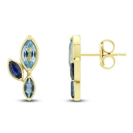 Marquise-Cut Natural Swiss Blue Topaz, London Blue Topaz & Blue Sapphire Stud Earrings 14K Yellow Gold