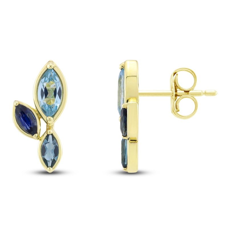 Main Image 1 of Marquise-Cut Natural Swiss Blue Topaz, London Blue Topaz & Blue Sapphire Stud Earrings 14K Yellow Gold