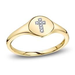 Shy Creation Diamond Accent Cross Signet Ring 14K Yellow Gold SC55027206RD