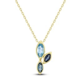 Marquise-Cut Natural Swiss Blue Topaz, London Blue Topaz & Blue Sapphire Necklace 14K Yellow Gold 18&quot;