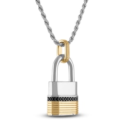 1933 by Esquire Men's Black Diamond Padlock Necklace 1/5 ct tw Sterling Silver & 14K Yellow Gold Plating 22&quot;