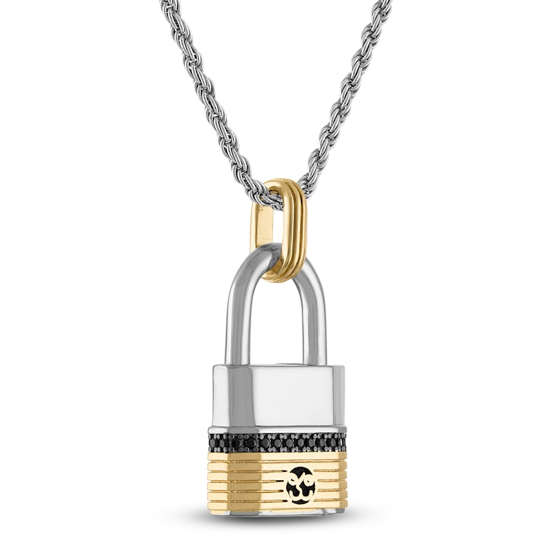 Main Image 2 of 1933 by Esquire Men's Black Diamond Padlock Necklace 1/5 ct tw Sterling Silver & 14K Yellow Gold Plating 22&quot;