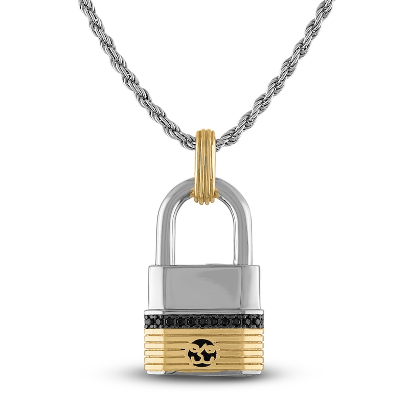 Main Image 3 of 1933 by Esquire Men's Black Diamond Padlock Necklace 1/5 ct tw Sterling Silver & 14K Yellow Gold Plating 22&quot;