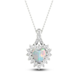 Lab-Created Opal & White Lab-Created Sapphire Heart Necklace Sterling Silver