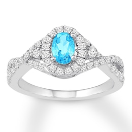 Blue Topaz Engagement Ring 1/3 ct tw Diamonds 14K White Gold