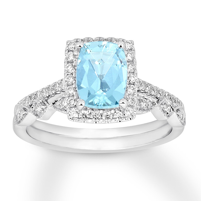 Main Image 1 of Aquamarine Bridal Set 1/3 ct tw Diamonds 14K White Gold