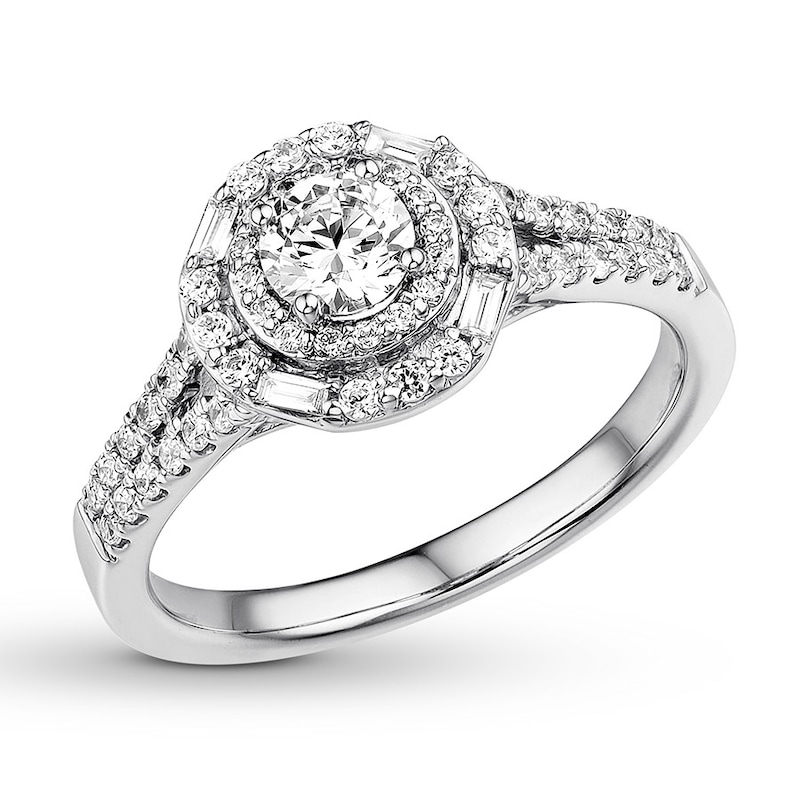 Diamond Engagement Ring 3/4 ct tw Round/Baguette 14K White Gold