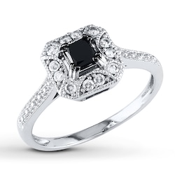 Black/White Diamond Ring 5/8 ct tw Princess-cut 10K White Gold