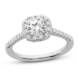 Diamond Halo Engagement Ring 7/8 ct tw Cushion/Round 14K White Gold