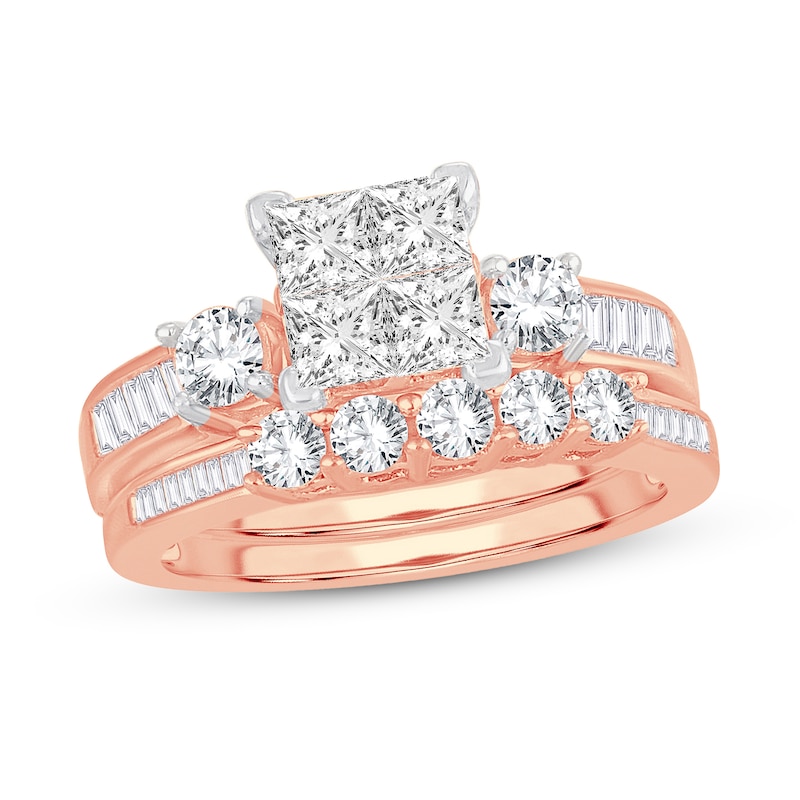 Diamond Bridal Set 1-1/2 ct tw Round/Princess/Baguette 14K Rose Gold ...