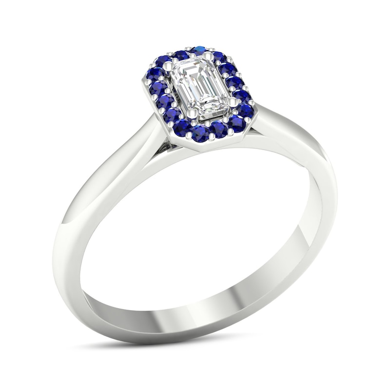 Diamond & Natural Blue Sapphire Engagement Ring 1/4 ct tw Emerald-cut 14K White Gold