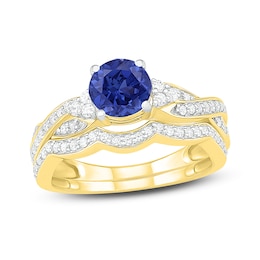 Natural Blue Sapphire Bridal Set 3/8 ct tw Diamonds 14K Yellow Gold