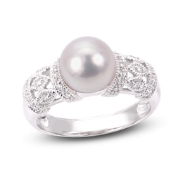 Akoya Cultured Pearl Engagement Ring 1/8 ct wt Diamonds 14K White Gold