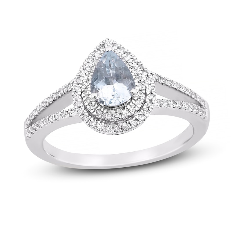 Main Image 1 of Natural Aquamarine Engagement Ring 1/4 ct tw Diamonds 14K White Gold 7.0mm x 5.0mm