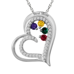 Birthstone Family & Mother's Double Heart Necklace (1-4 Stones and 1 Line)