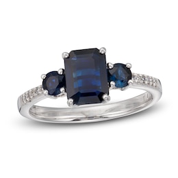 LALI Jewels Natural Blue Sapphire 3-Stone Engagement Ring 1/20 ct tw Diamonds 14K White Gold