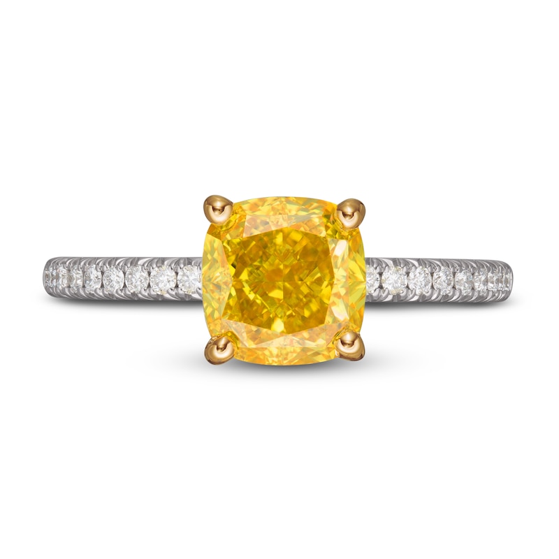 Main Image 3 of Yellow Lab-Created Diamond Engagement Ring 2 ct tw Round/Cushion 14K Two-Tone