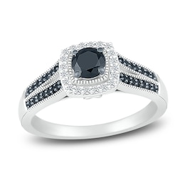 Black Diamond Engagement Ring 3/4 ct tw Round 10K White Gold