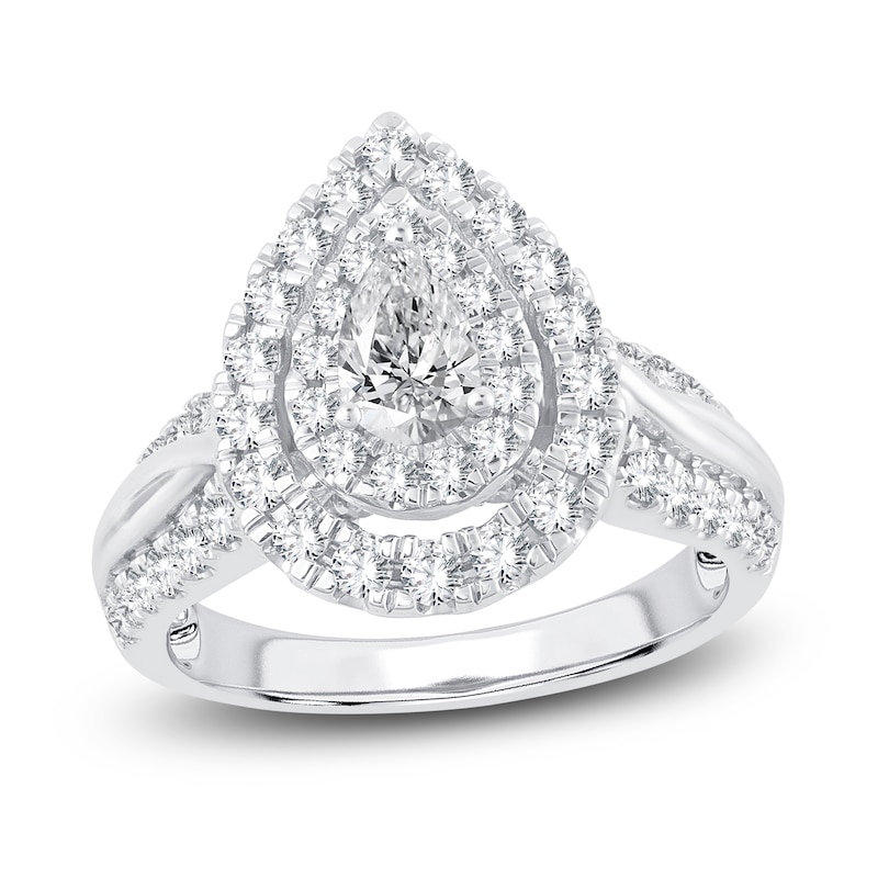 Main Image 1 of Diamond Halo Engagement Ring 1-1/2 ct tw Pear/Round 14K White Gold