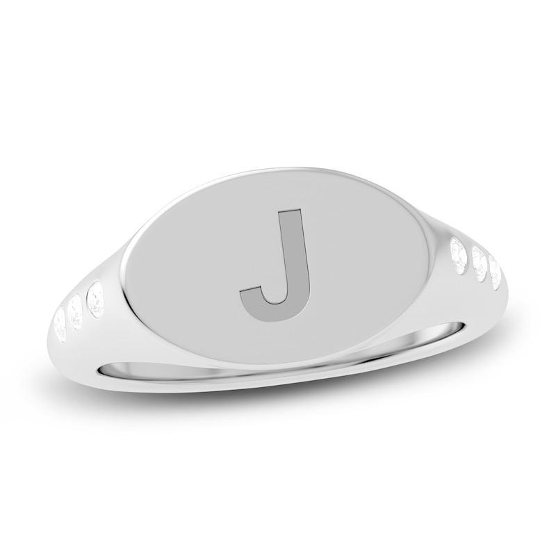 Juliette Maison Diamond Engravable Initial Signet Ring 1/8 ct tw Round 10K White Gold