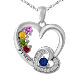 1/15 cttw Diamond and Birthstone Family & Mother's Heart Necklace