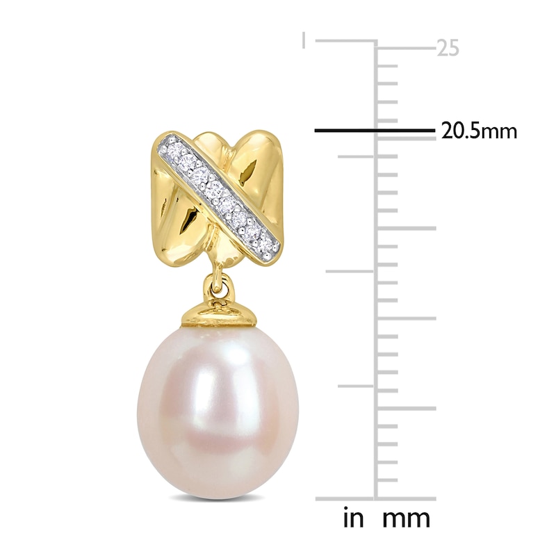 Main Image 2 of Y-Knot Freshwater Cultured Pearl Dangle Earrings 1/15 ct tw Diamonds 14K Yellow Gold