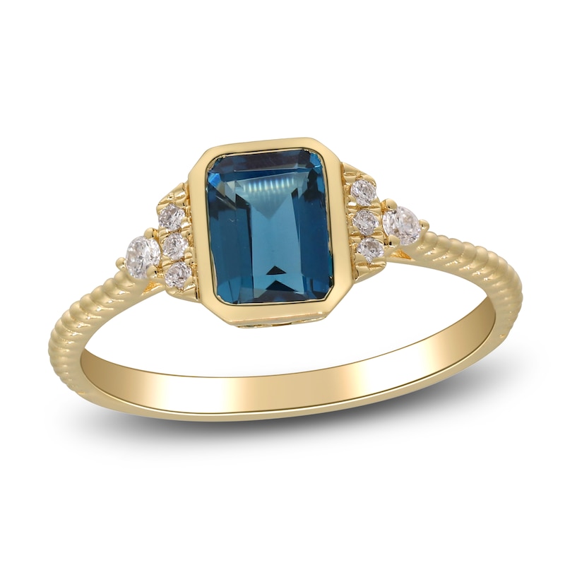 Rectangle-Cut Natural London Blue Topaz & Diamond Ring 1/15 ct tw 14K Yellow Gold