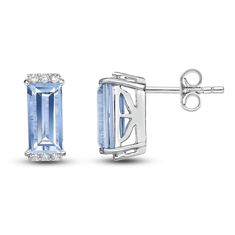 Main Image 1 of Baguette-Cut Natural Aquamarine & Diamond Earrings 1/20 ct tw 14K White Gold