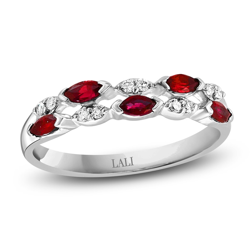 LALI Jewels Marquise-Cut Natural Ruby & Diamond Two-Row Anniversary Ring 1/15 ct tw 14K White Gold