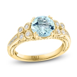 LALI Jewels Natural Aquamarine & Diamond Milgrain Engagement Ring 1/4 ct tw 14K Yellow Gold