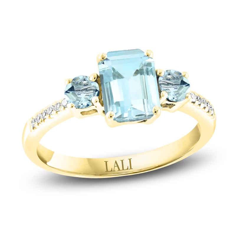 Main Image 1 of LALI Jewels Octagon & Round-Cut Natural Aquamarine & Diamond Three-Stone Engagement Ring 1/20 ct tw 14K Yellow Gold