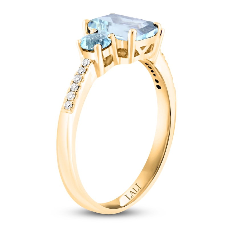 Main Image 2 of LALI Jewels Octagon & Round-Cut Natural Aquamarine & Diamond Three-Stone Engagement Ring 1/20 ct tw 14K Yellow Gold