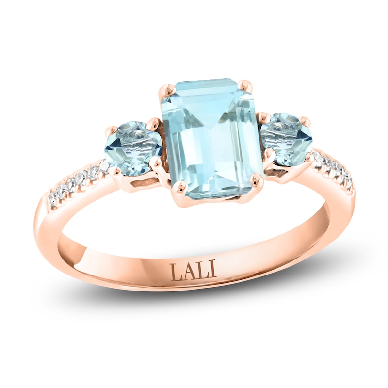 LALI Jewels Octagon & Round-Cut Natural Aquamarine & Diamond Three-Stone Engagement Ring 1/20 ct tw 14K Rose Gold