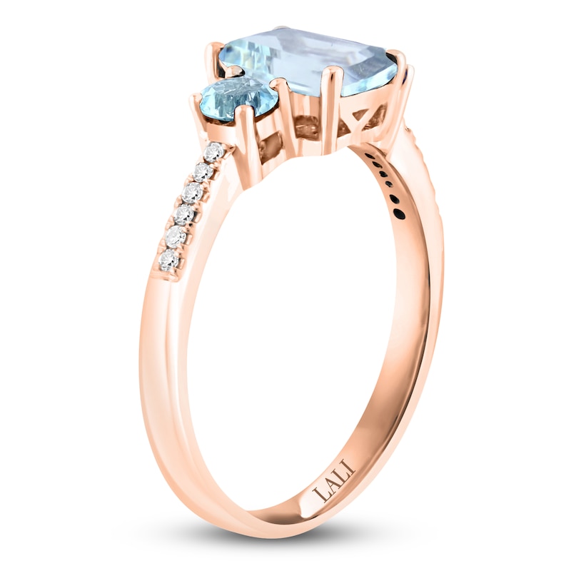 LALI Jewels Octagon & Round-Cut Natural Aquamarine & Diamond Three-Stone Engagement Ring 1/20 ct tw 14K Rose Gold