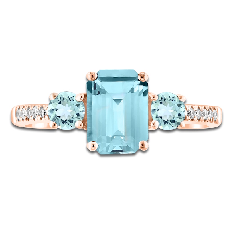 LALI Jewels Octagon & Round-Cut Natural Aquamarine & Diamond Three-Stone Engagement Ring 1/20 ct tw 14K Rose Gold