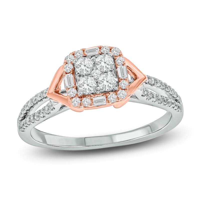 Brilliant Moments Multi-Diamond Cushion Halo Engagement Ring 1/2 ct tw 14K Two-Tone Gold