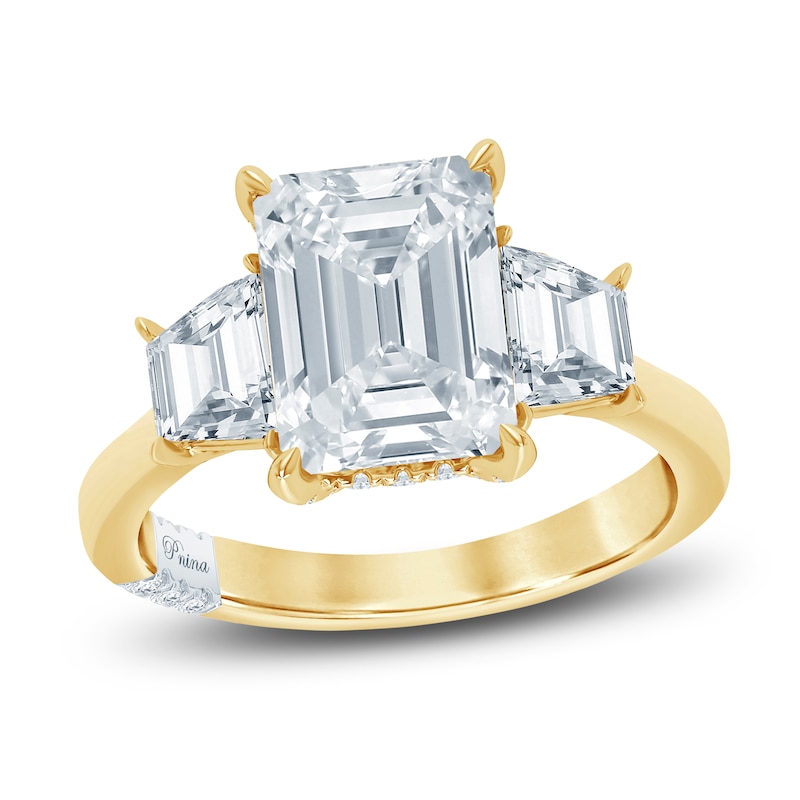 Pnina Tornai Lab-Created Diamond Emerald & Trapezoid-Cut Three-Stone Engagement Ring 5-1/8 ct tw 14K Yellow Gold