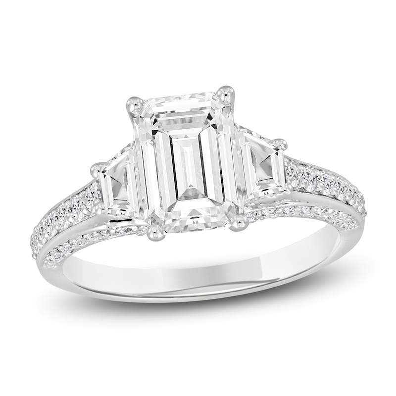 Main Image 1 of Emerald-Cut & Trapezoid-Cut Lab-Created Diamond Three-Stone Engagement Ring 3 ct tw 14K White Gold