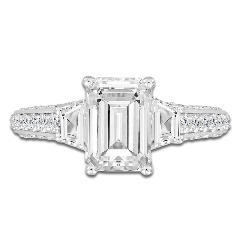 Main Image 3 of Emerald-Cut & Trapezoid-Cut Lab-Created Diamond Three-Stone Engagement Ring 3 ct tw 14K White Gold