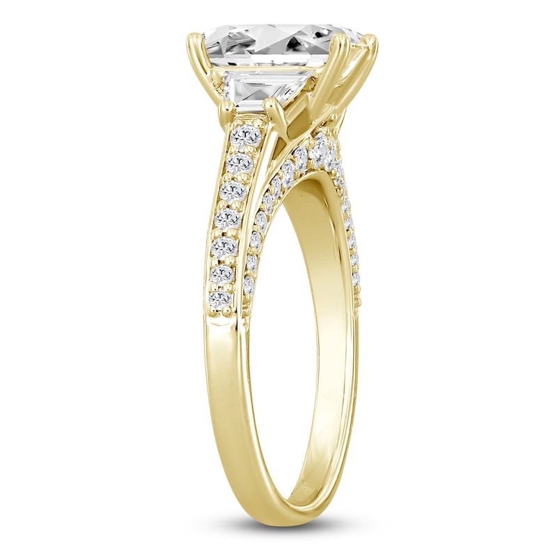 Main Image 2 of Emerald-Cut & Trapezoid-Cut Lab-Created Diamond Three-Stone Engagement Ring 3 ct tw 14K Yellow Gold