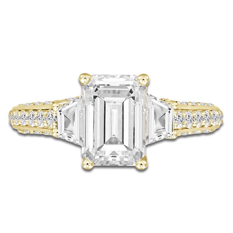 Main Image 3 of Emerald-Cut & Trapezoid-Cut Lab-Created Diamond Three-Stone Engagement Ring 3 ct tw 14K Yellow Gold